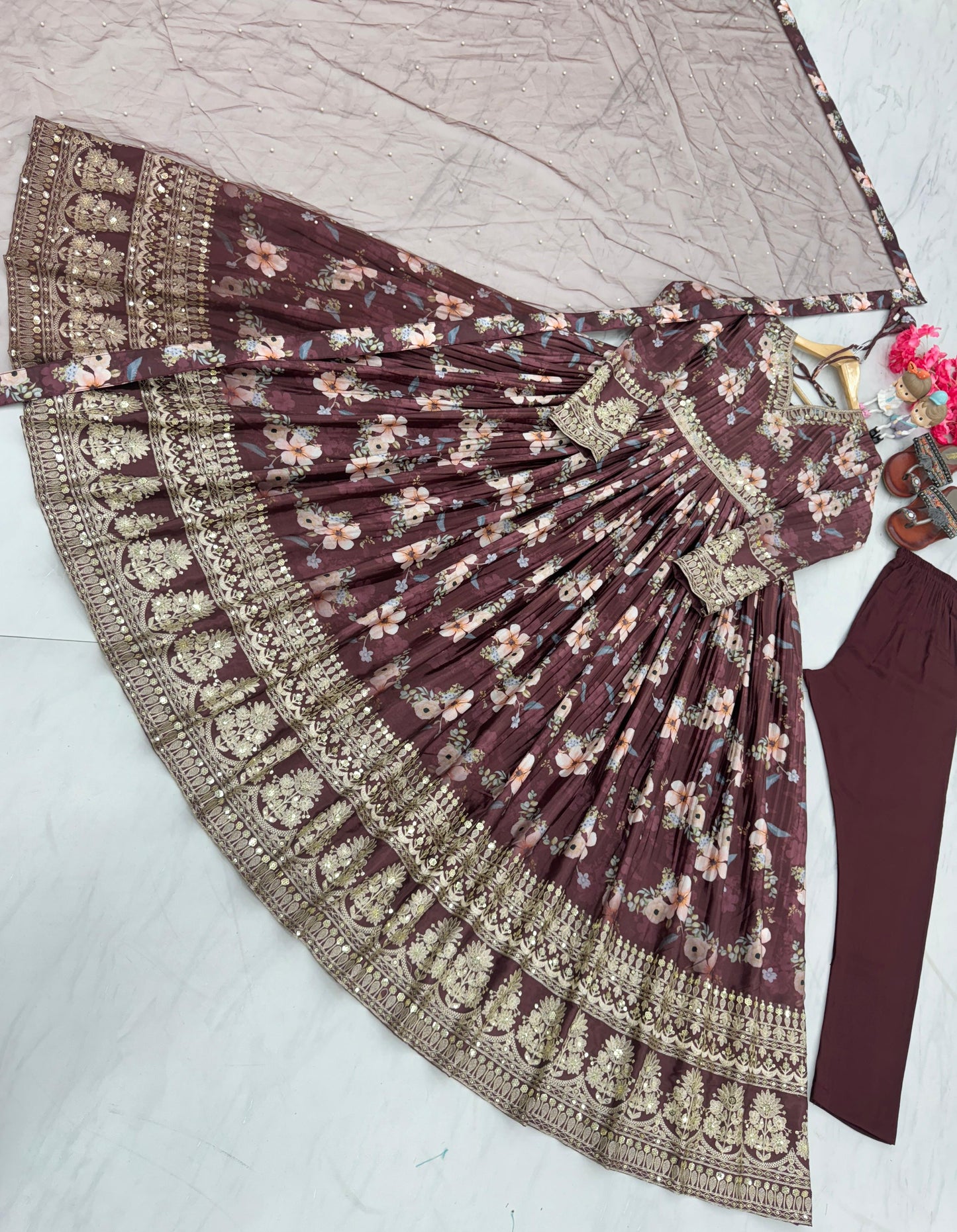 Lovely Floral Digital Printed Sequins Embroidered Crush Chinon Silk Suit - INDIAN ELEGANCE