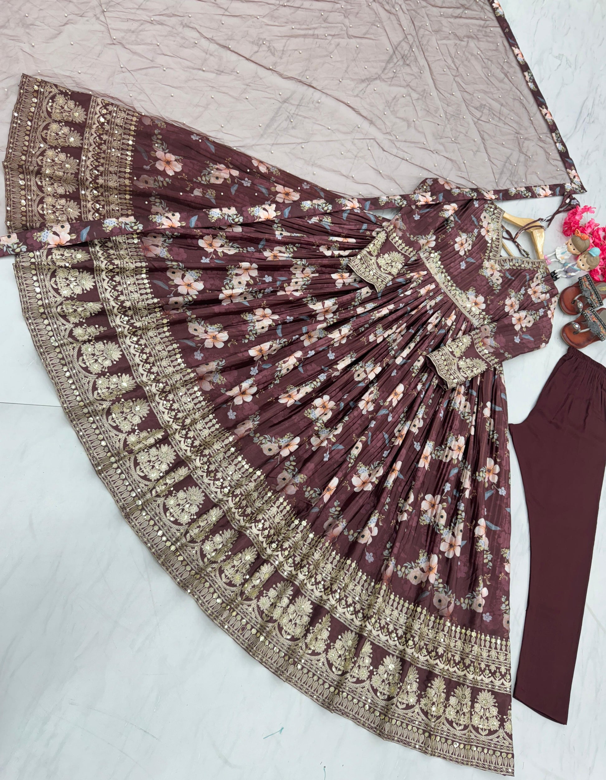 Lovely Floral Digital Printed Sequins Embroidered Crush Chinon Silk Suit - INDIAN ELEGANCE