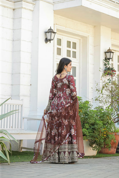 Lovely Floral Digital Printed Sequins Embroidered Crush Chinon Silk Suit - INDIAN ELEGANCE