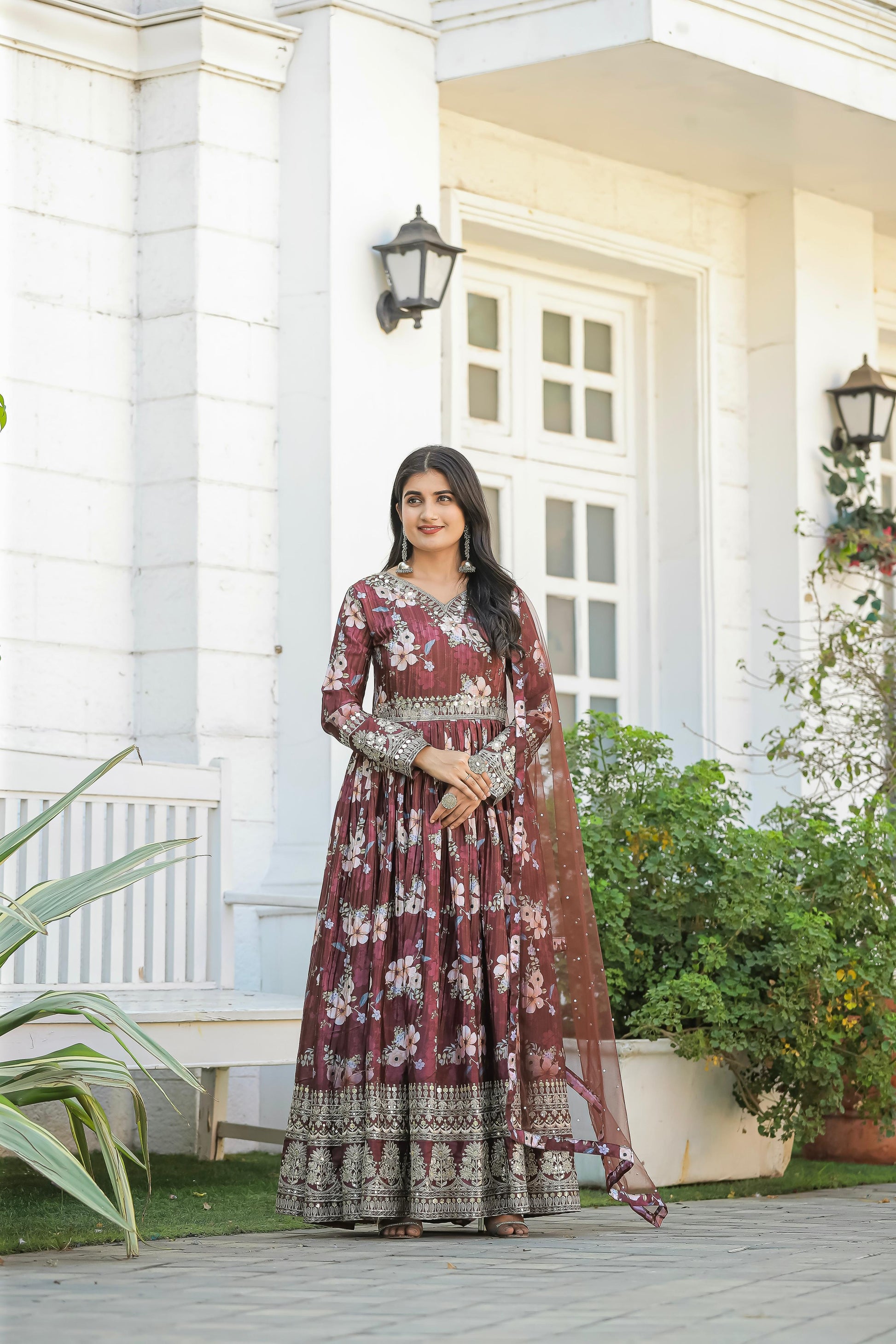 Lovely Floral Digital Printed Sequins Embroidered Crush Chinon Silk Suit - INDIAN ELEGANCE