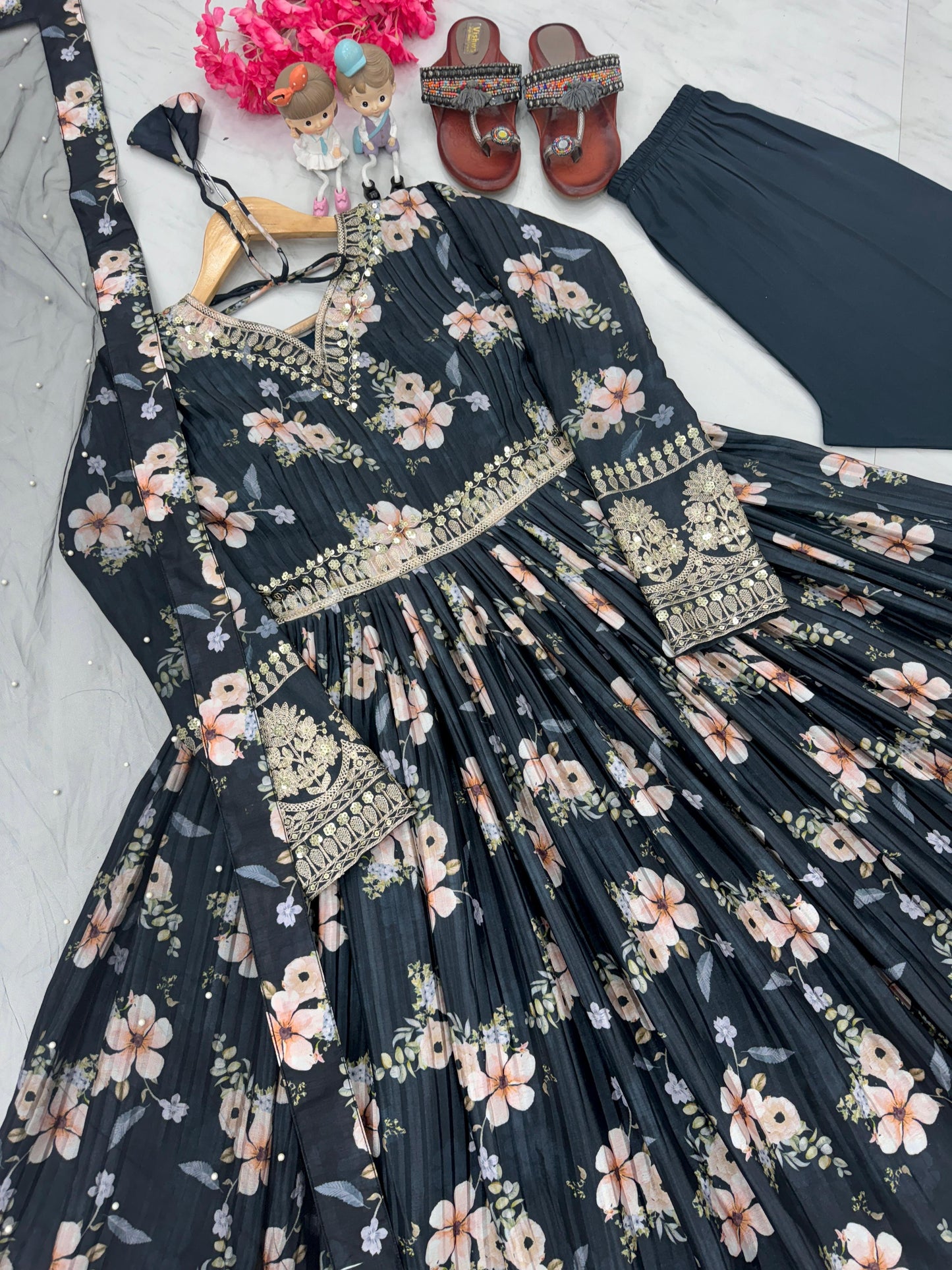 Lovely Floral Digital Printed Sequins Embroidered Crush Chinon Silk Suit - INDIAN ELEGANCE