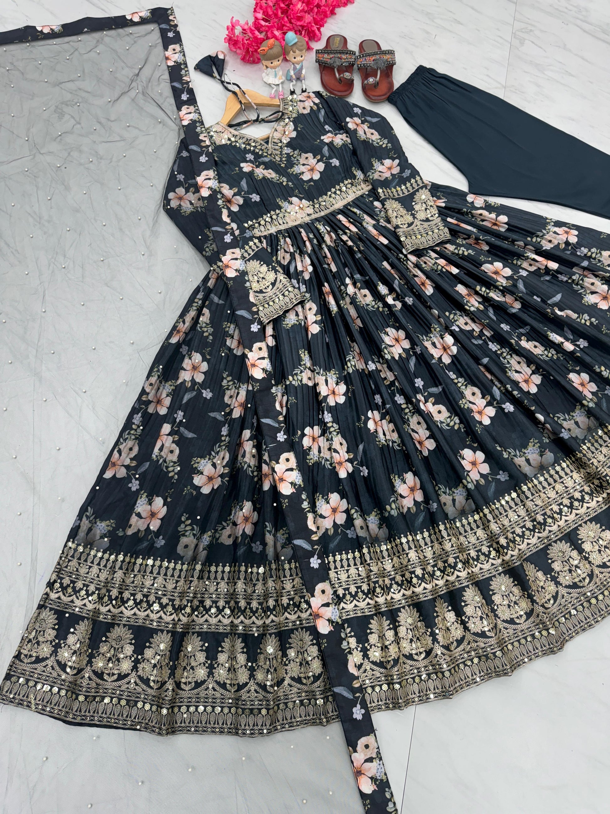 Lovely Floral Digital Printed Sequins Embroidered Crush Chinon Silk Suit - INDIAN ELEGANCE