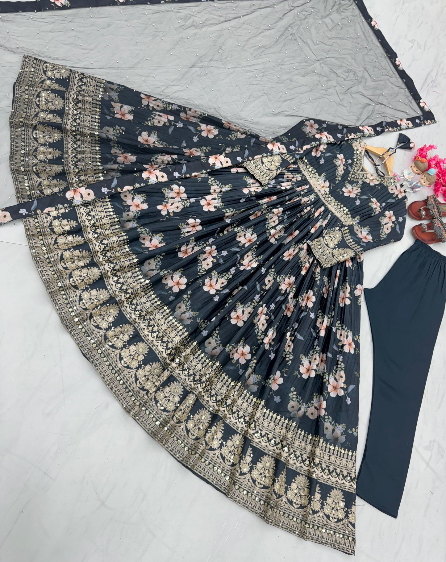 Lovely Floral Digital Printed Sequins Embroidered Crush Chinon Silk Suit - INDIAN ELEGANCE