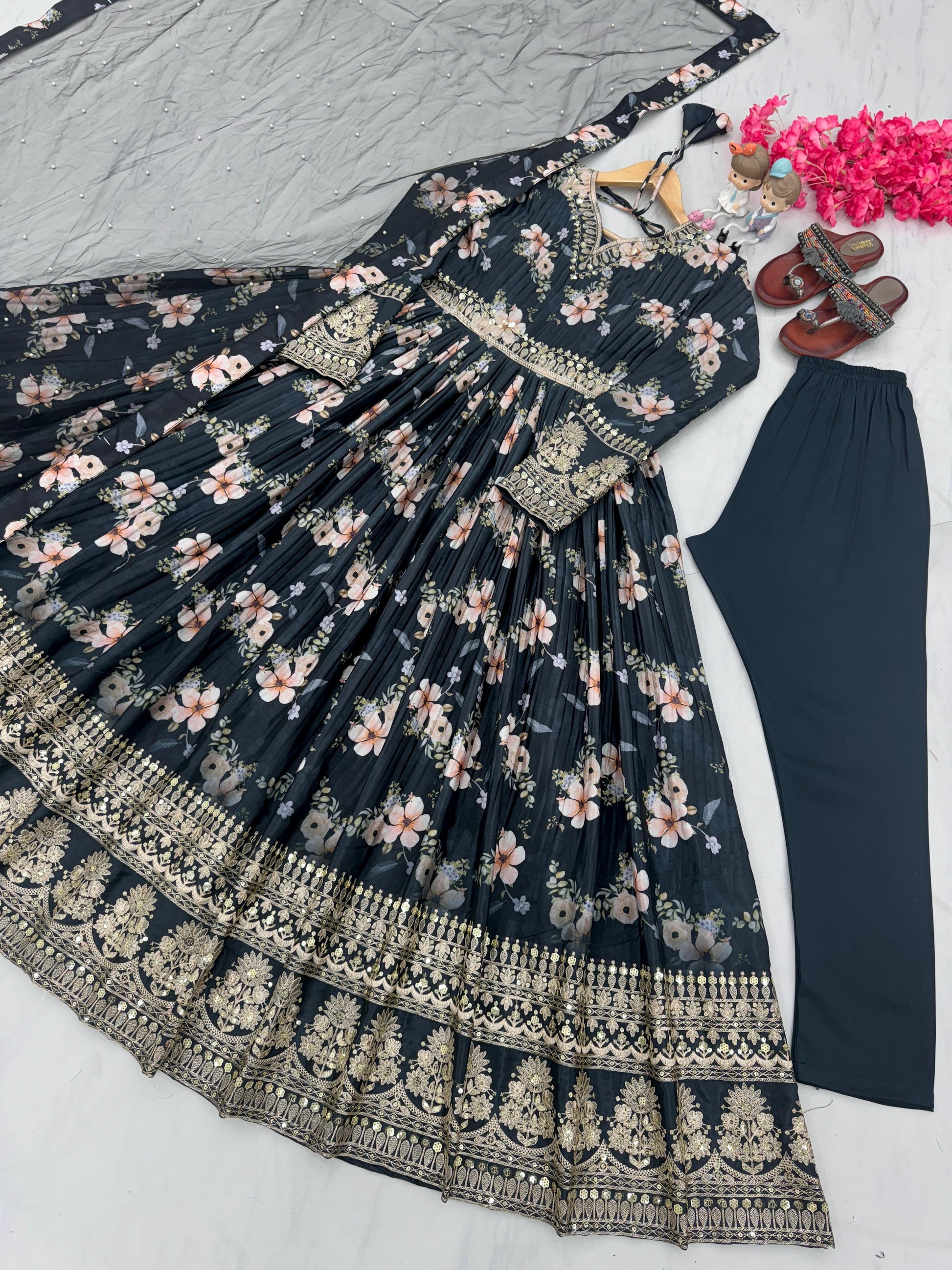 Lovely Floral Digital Printed Sequins Embroidered Crush Chinon Silk Suit - INDIAN ELEGANCE