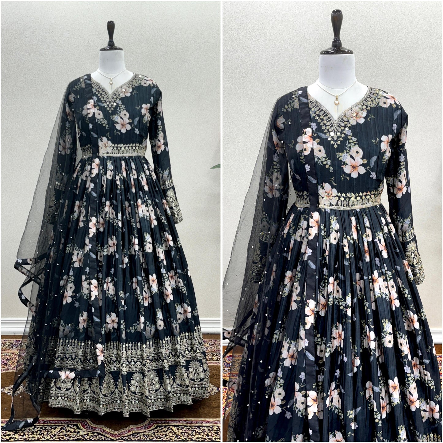 Lovely Floral Digital Printed Sequins Embroidered Crush Chinon Silk Suit - INDIAN ELEGANCE