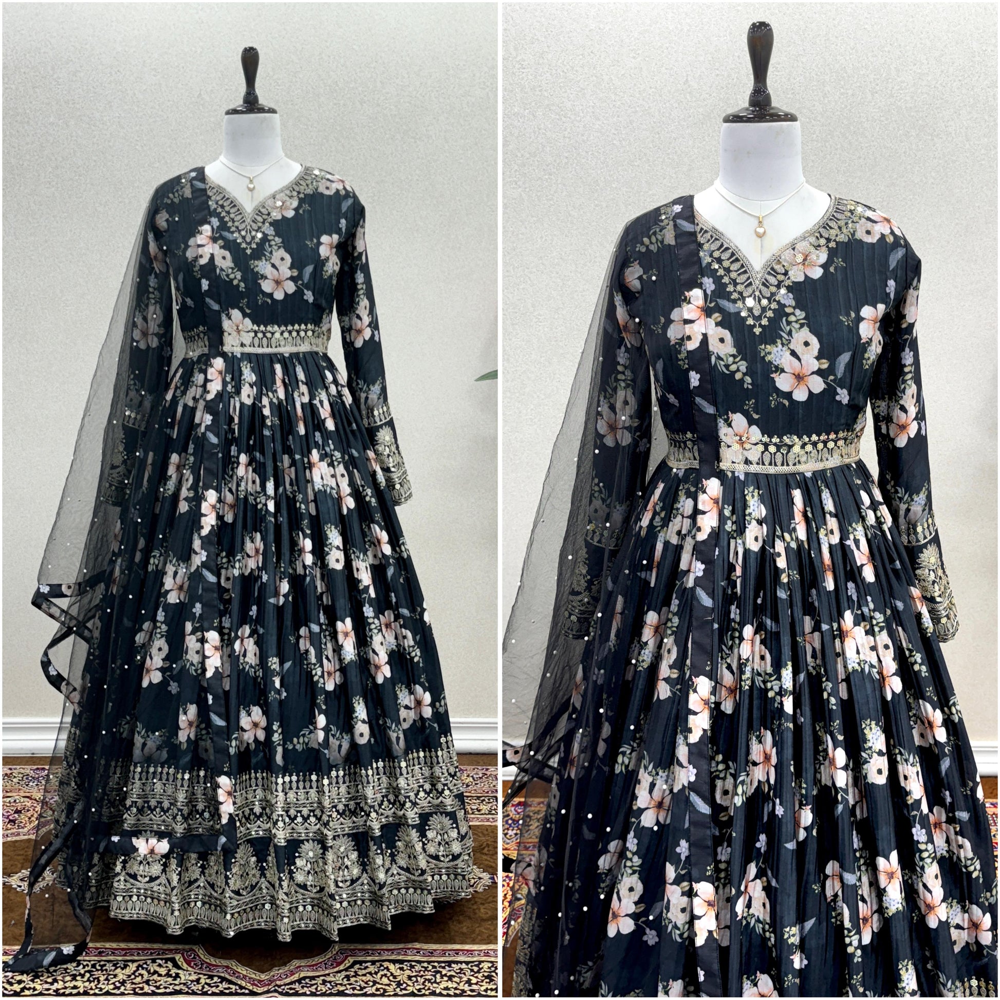 Lovely Floral Digital Printed Sequins Embroidered Crush Chinon Silk Suit - INDIAN ELEGANCE