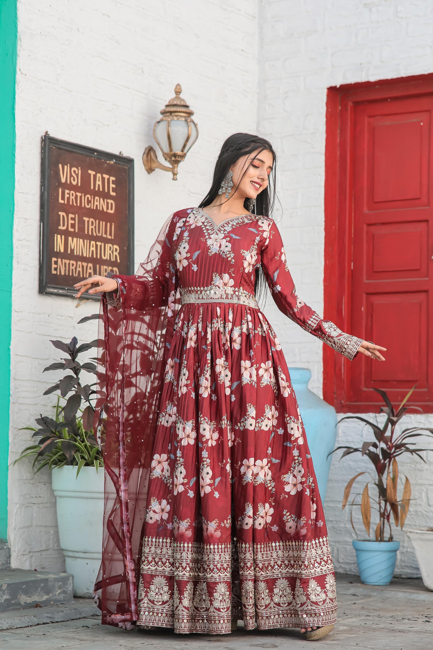 Lovely Floral Digital Printed Sequins Embroidered Crush Chinon Silk Suit - INDIAN ELEGANCE
