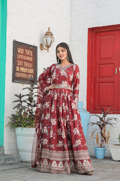 Lovely Floral Digital Printed Sequins Embroidered Crush Chinon Silk Suit - INDIAN ELEGANCE