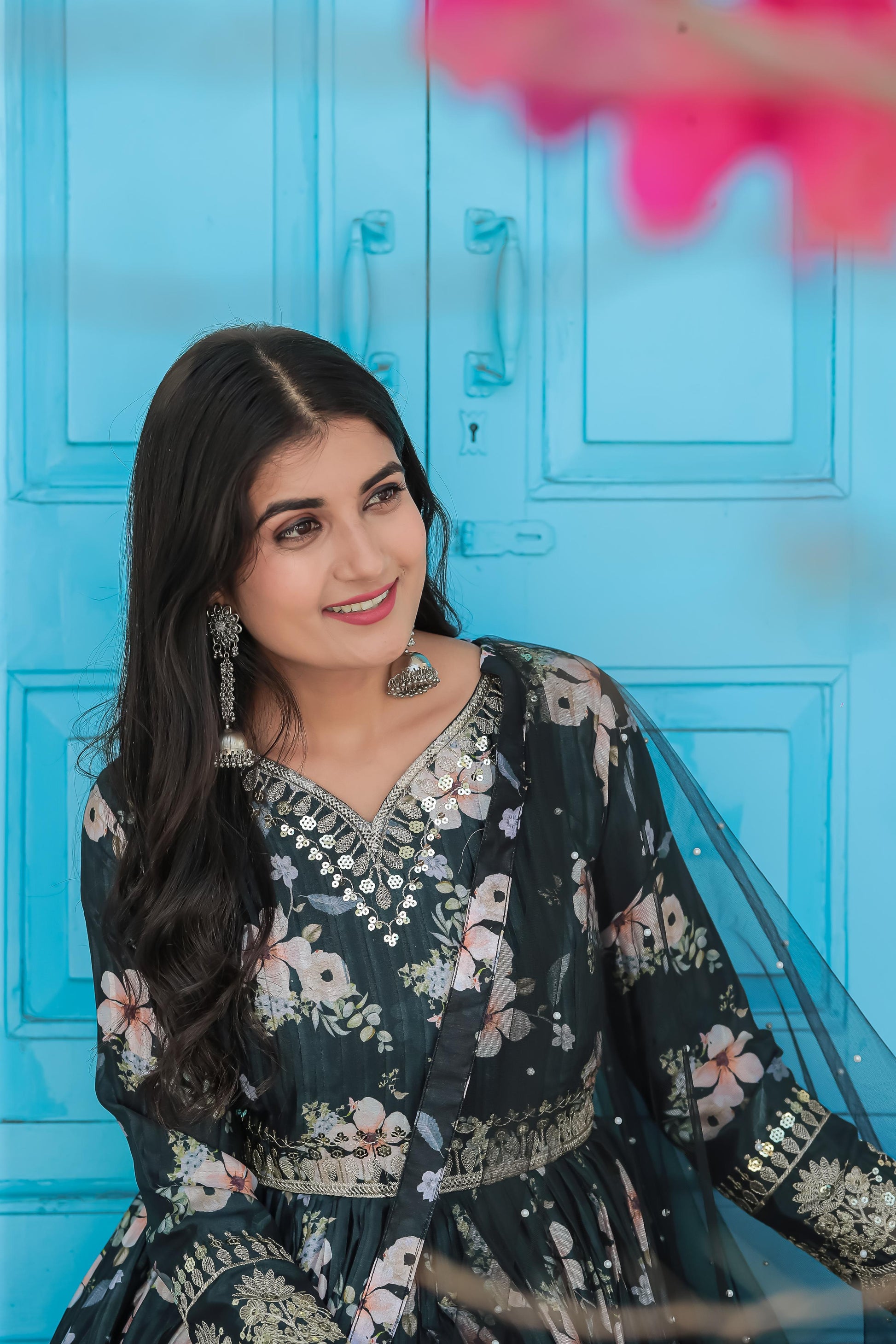 Lovely Floral Digital Printed Sequins Embroidered Crush Chinon Silk Suit - INDIAN ELEGANCE