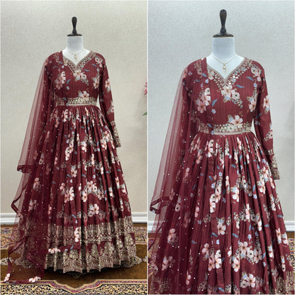 Lovely Floral Digital Printed Sequins Embroidered Crush Chinon Silk Suit - INDIAN ELEGANCE