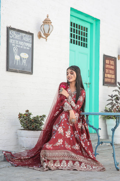 Lovely Floral Digital Printed Sequins Embroidered Crush Chinon Silk Suit - INDIAN ELEGANCE