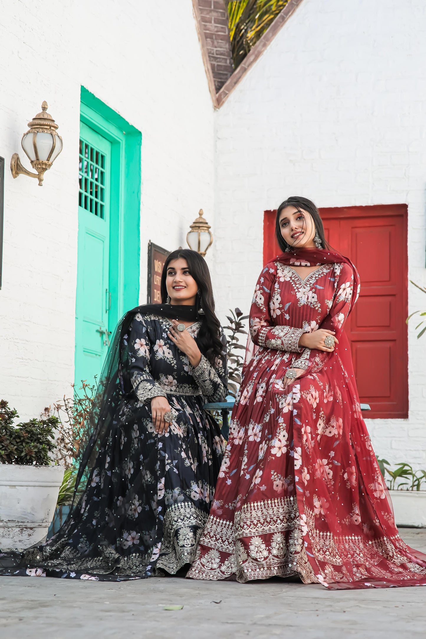 Lovely Floral Digital Printed Sequins Embroidered Crush Chinon Silk Suit - INDIAN ELEGANCE