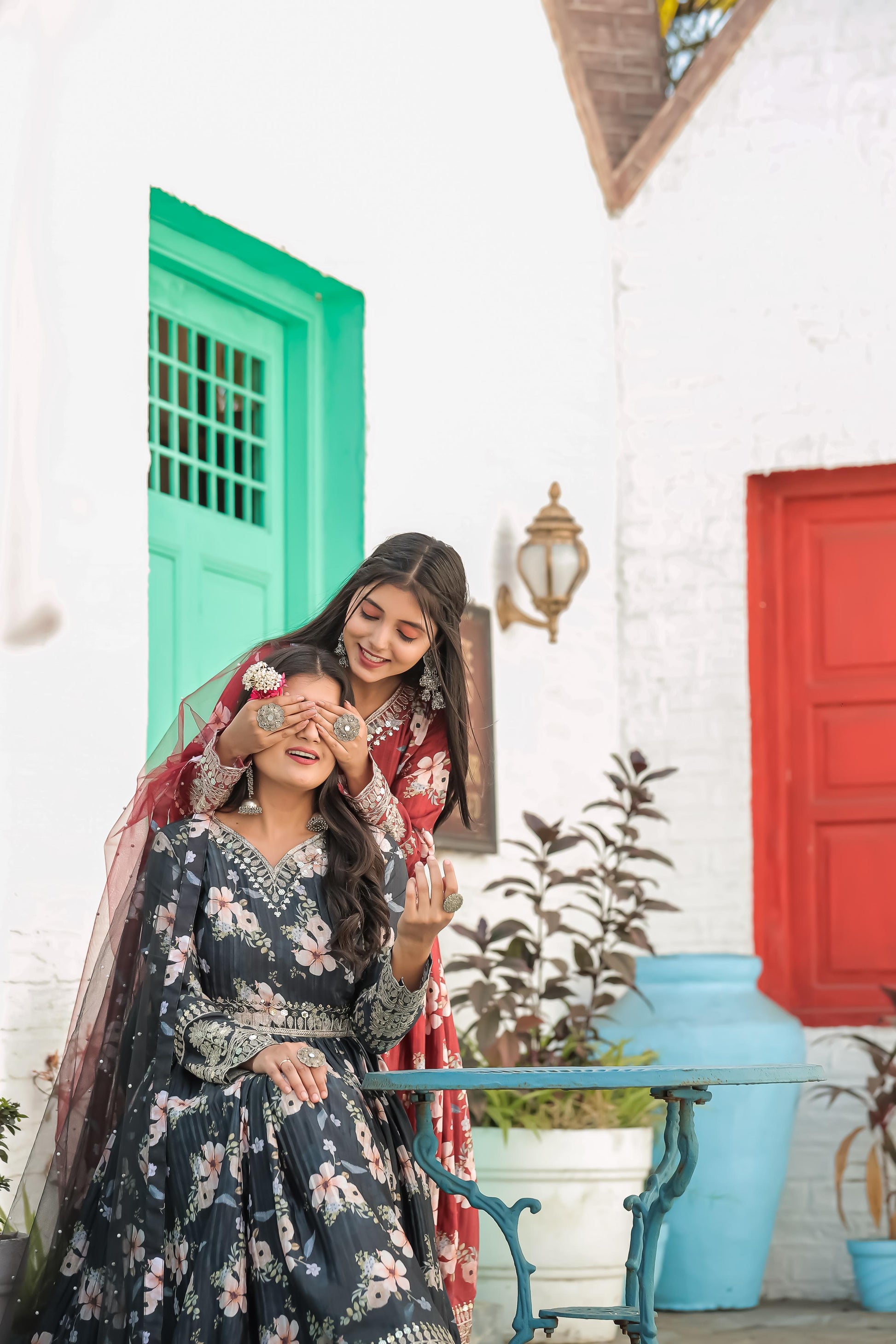 Lovely Floral Digital Printed Sequins Embroidered Crush Chinon Silk Suit - INDIAN ELEGANCE