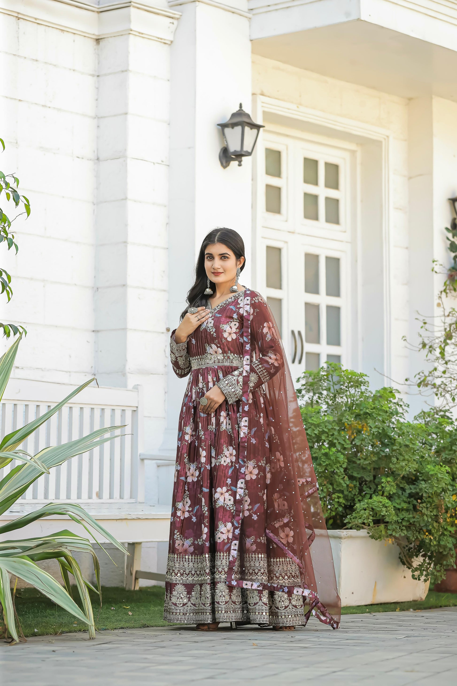 Lovely Floral Digital Printed Sequins Embroidered Crush Chinon Silk Suit - INDIAN ELEGANCE