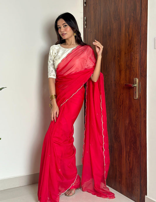 Alluring Soft Organza Saree With Stitched Handworked Blouse - INDIAN ELEGANCE