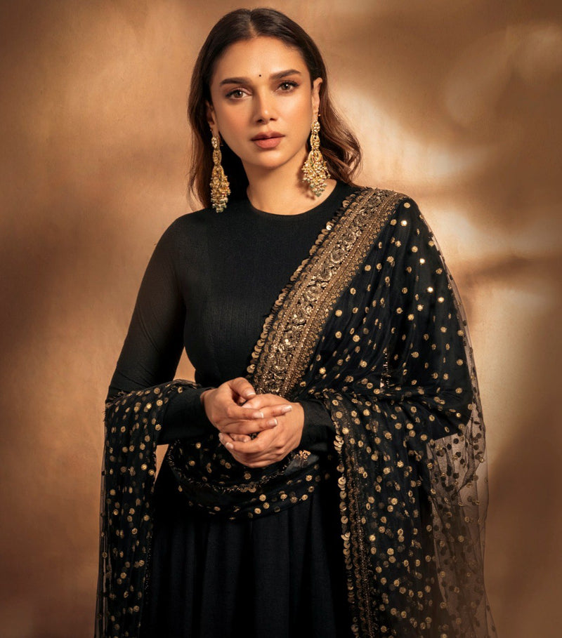 Aditi's Black Rayon Cotton Anarkali Suit Set