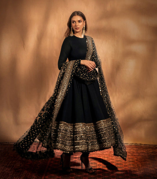 Aditi's Black Rayon Cotton Anarkali Suit Set
