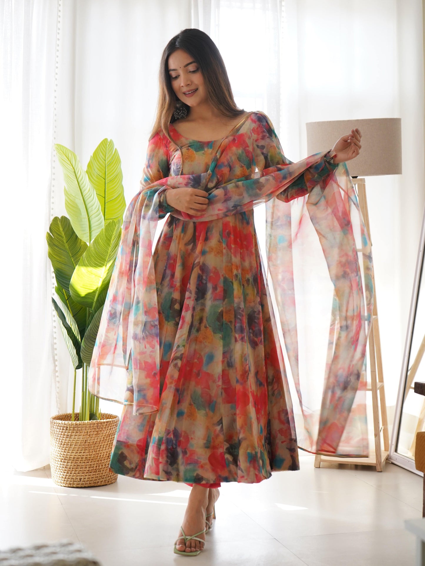 Elegant Soft Organza Silk Floral Designer Anarkali Pant Suit - INDIAN ELEGANCE