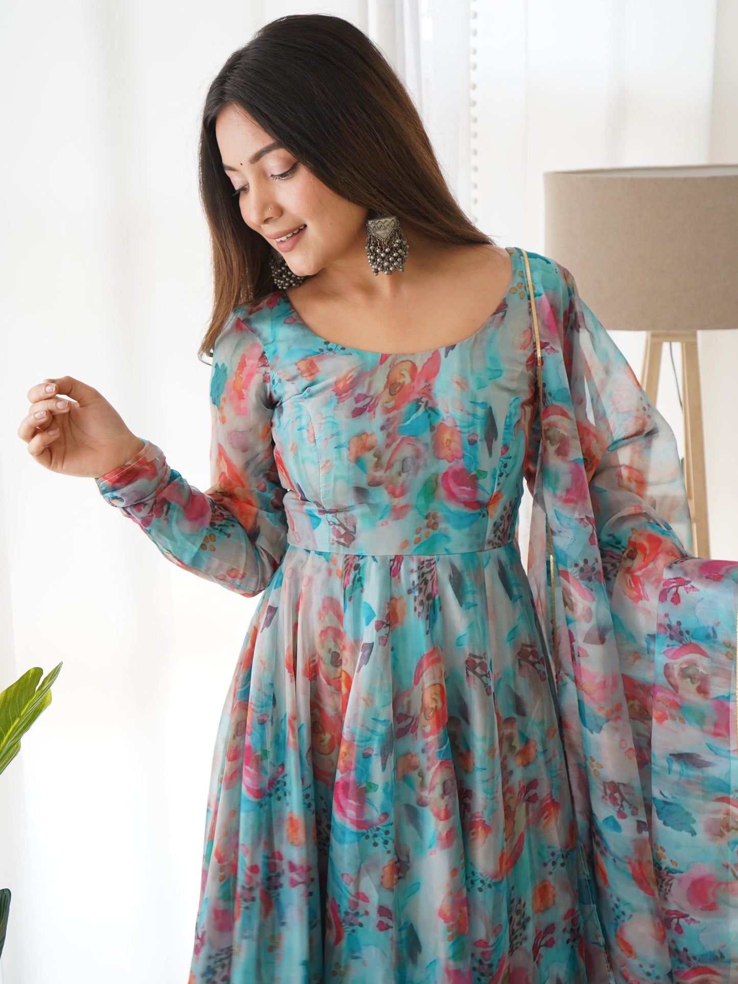 Elegant Soft Organza Silk Floral Designer Anarkali Pant Suit - INDIAN ELEGANCE