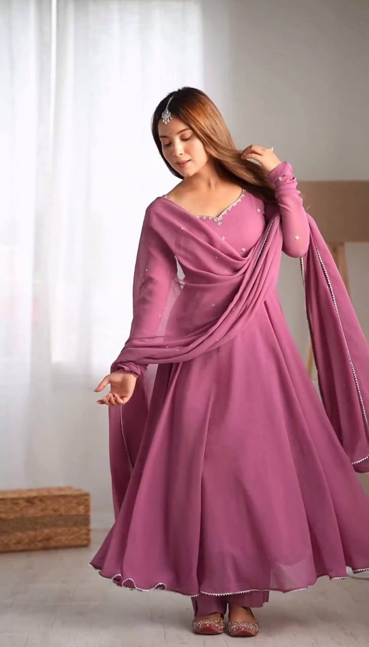 Beautiful Lavender Color Gerogatte Fabric Fully Stiched Anarkali -Festive Wear