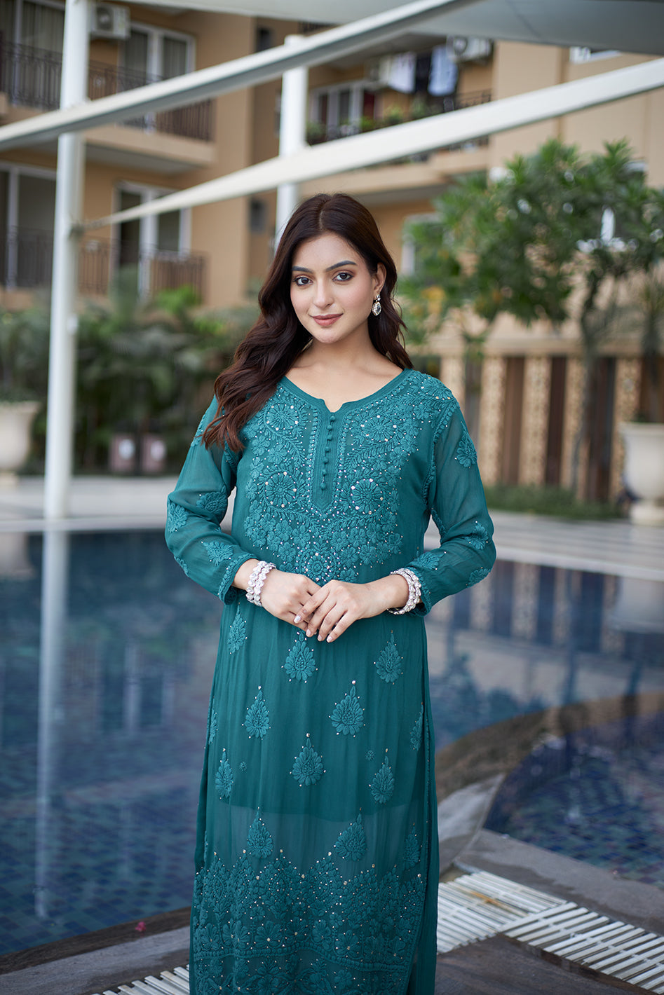 Bottle Green Embroidered Georgette Kurti Palazzo Set for Women