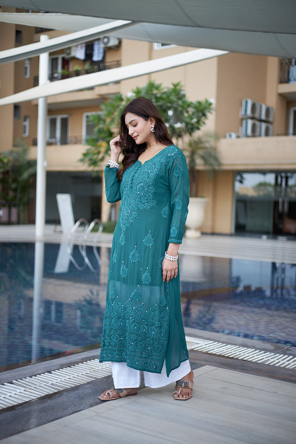 Bottle Green Embroidered Georgette Kurti Palazzo Set for Women