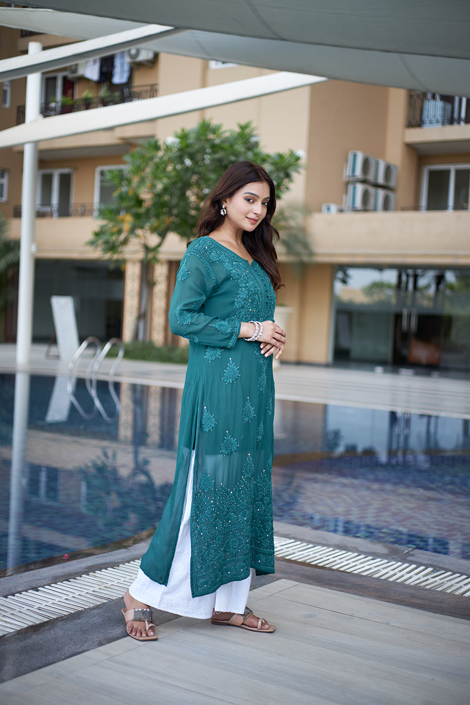 Bottle Green Embroidered Georgette Kurti Palazzo Set for Women