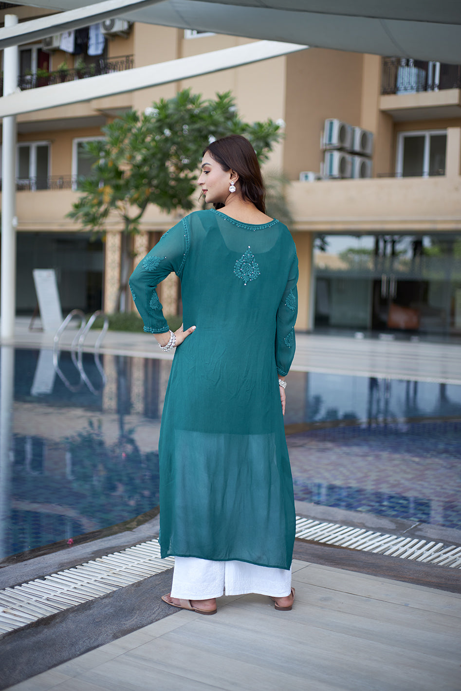 Bottle Green Embroidered Georgette Kurti Palazzo Set for Women