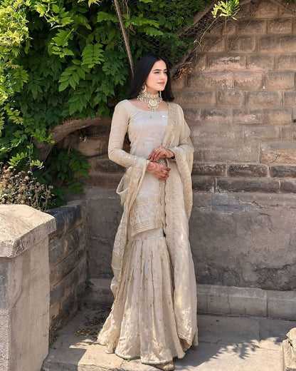 Pure Chinon Silk Off White Kurti sharara Set -Fully Stiched