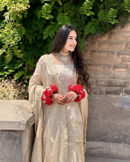 Pure Chinon Silk Off White Kurti sharara Set -Fully Stiched