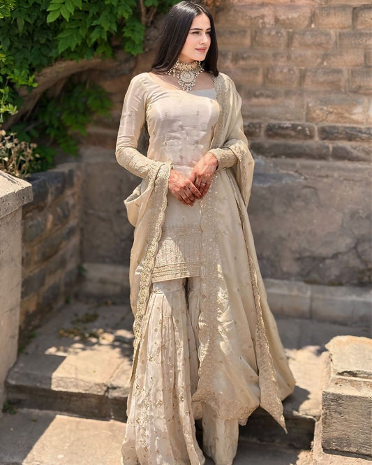 Pure Chinon Silk Off White Kurti sharara Set -Fully Stiched