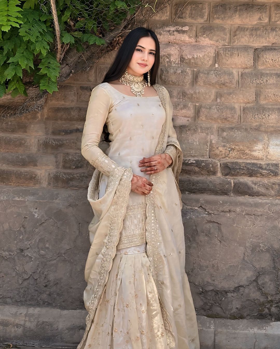 Pure Chinon Silk Off White Kurti sharara Set -Fully Stiched