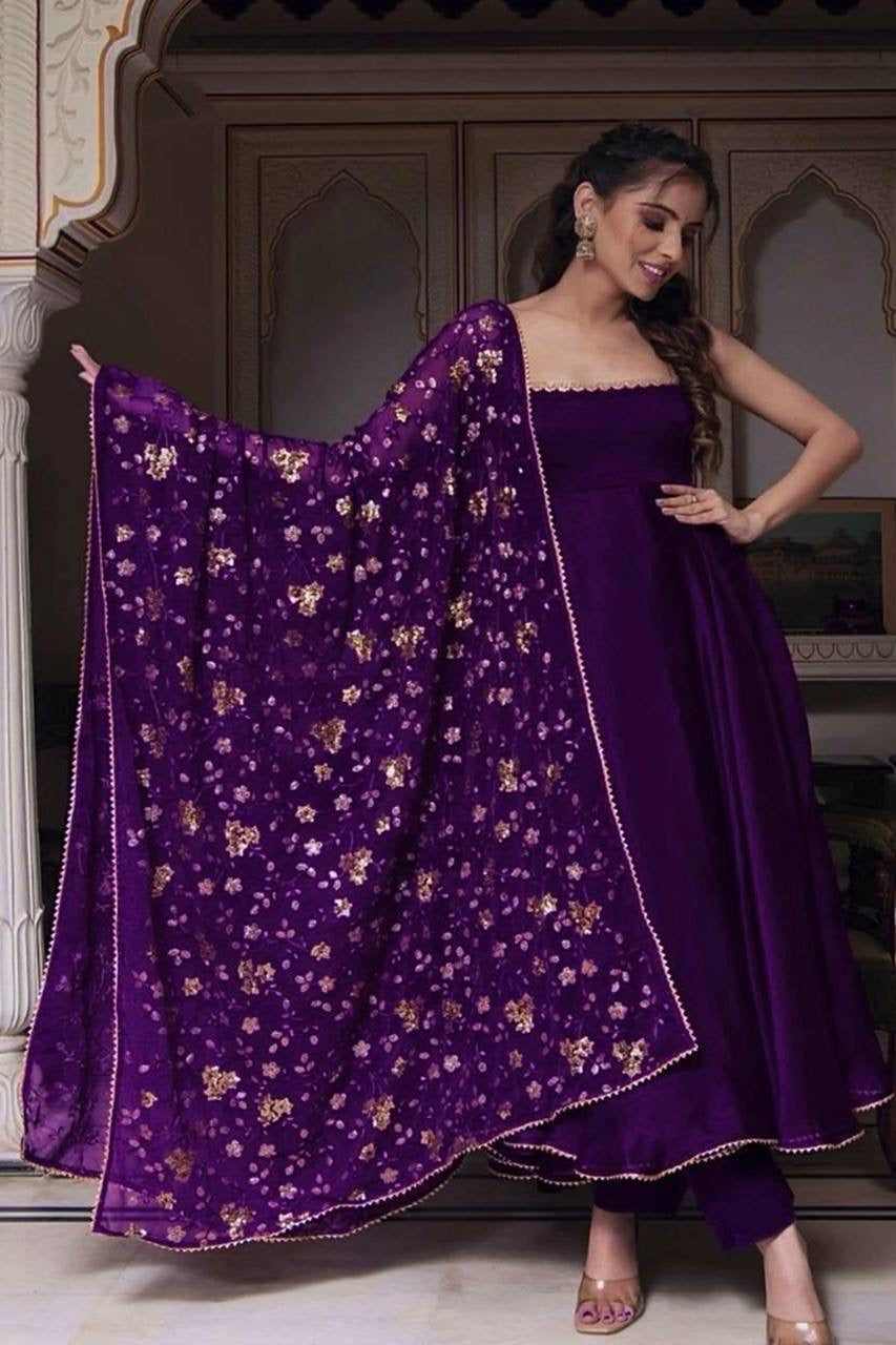 Royal Purple Soft Georgette Fully Flair Anarakli Suit With Dupatta