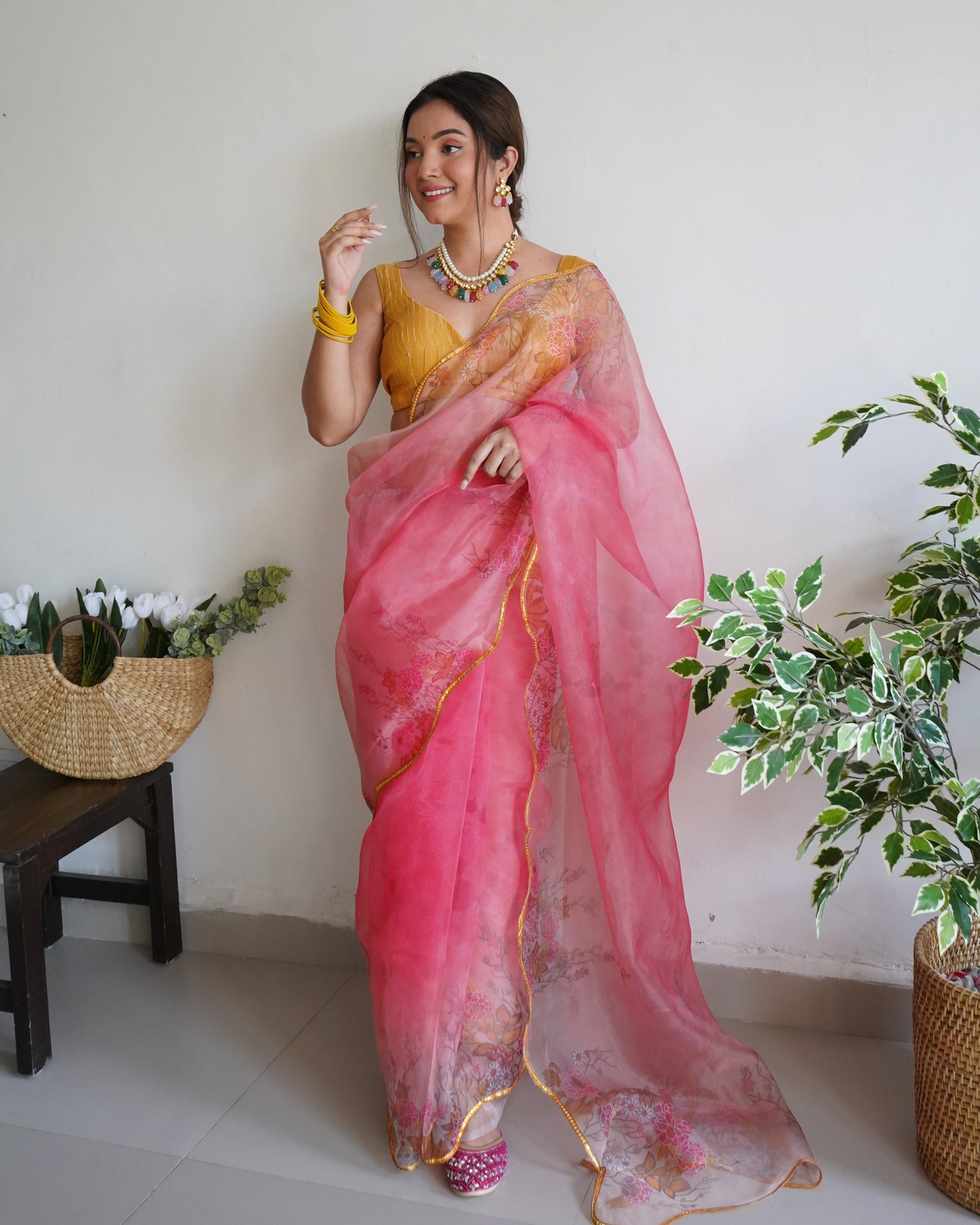 Radiant Pink Pure Organza Floral Handprinted Gota Worked Saree - INDIAN ELEGANCE