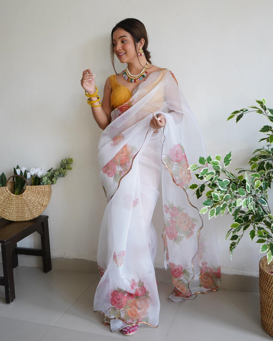 Mesmerizing White Pure Organza Floral Handprinted Gota Worked Saree - INDIAN ELEGANCE