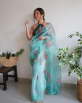 Graceful Sea Green Pure Organza Floral Handprinted Gota Worked Saree