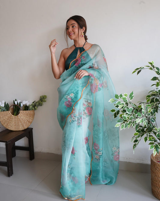 Spellbinding Sea Green Pure Organza Floral Handprinted Gota Worked Saree - INDIAN ELEGANCE