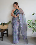 Stylis Premium  Gray Pure Organza Floral Handprinted Gota Worked Saree - Party Wear