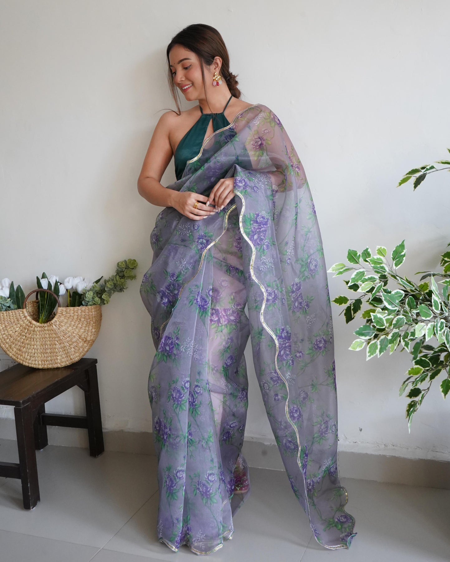 Lovely Gray Pure Organza Floral Handprinted Gota Worked Saree - INDIAN ELEGANCE