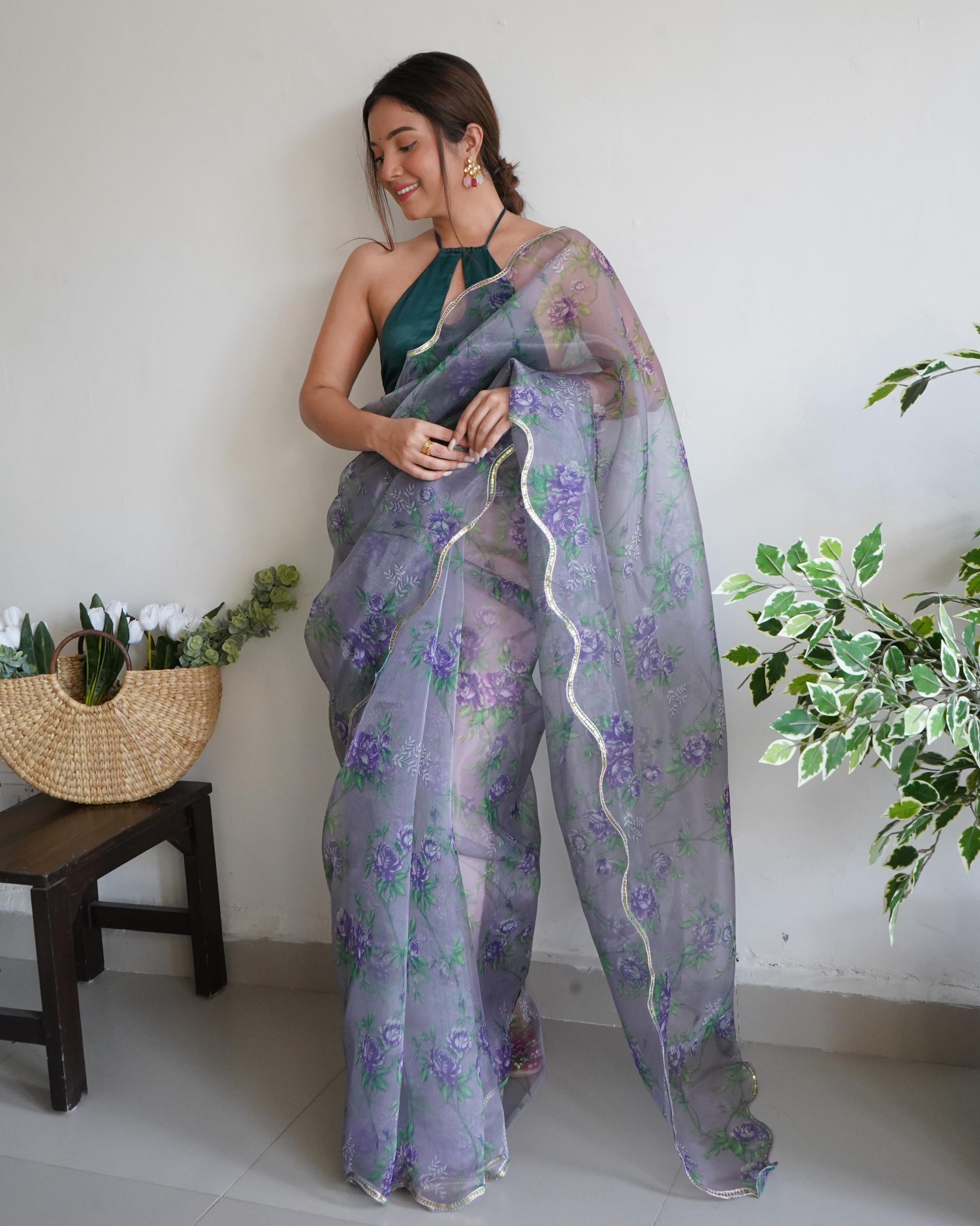 Lovely Gray Pure Organza Floral Handprinted Gota Worked Saree - INDIAN ELEGANCE
