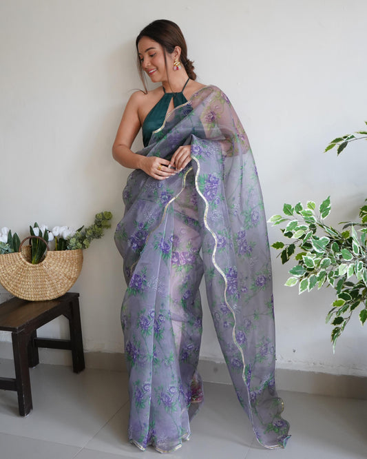 Lovely Gray Pure Organza Floral Handprinted Gota Worked Saree - INDIAN ELEGANCE