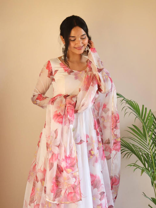 Breathtaking White Floral Digital Printed Organza Silk Anarkali Pant Suit - INDIAN ELEGANCE