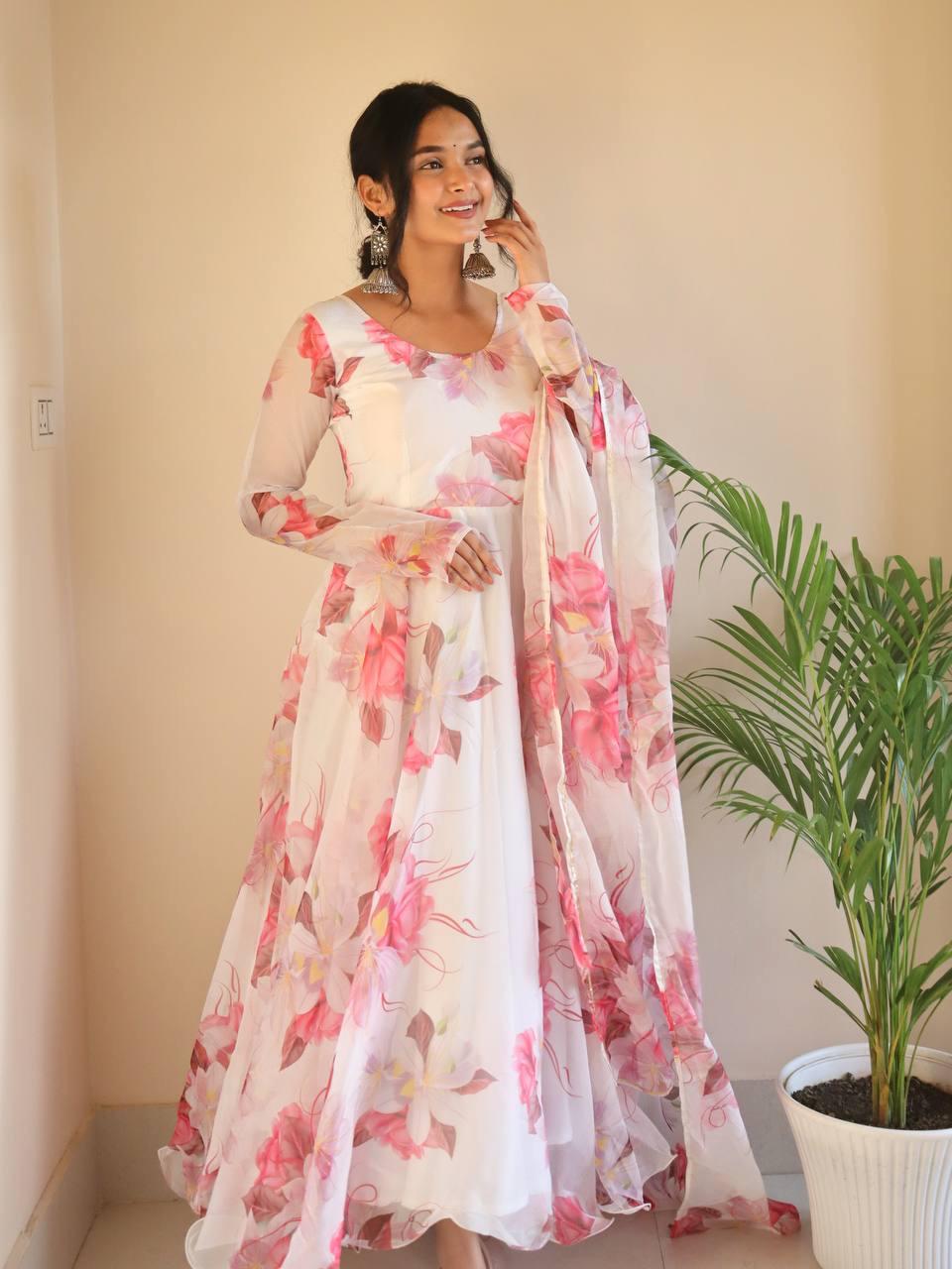 Breathtaking White Floral Digital Printed Organza Silk Anarkali Pant Suit - INDIAN ELEGANCE