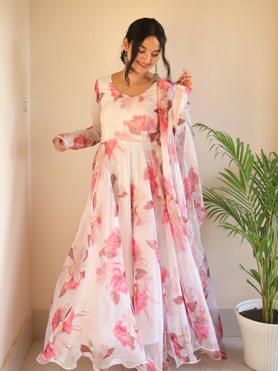 Breathtaking White Floral Digital Printed Organza Silk Anarkali Pant Suit - INDIAN ELEGANCE