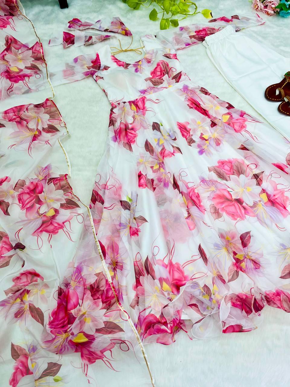 Breathtaking White Floral Digital Printed Organza Silk Anarkali Pant Suit - INDIAN ELEGANCE