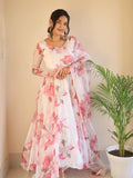 Graceful  White Floral Digital Printed  Fully Stiched Organza Silk Gown