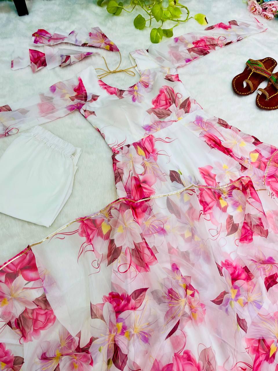 Breathtaking White Floral Digital Printed Organza Silk Anarkali Pant Suit - INDIAN ELEGANCE