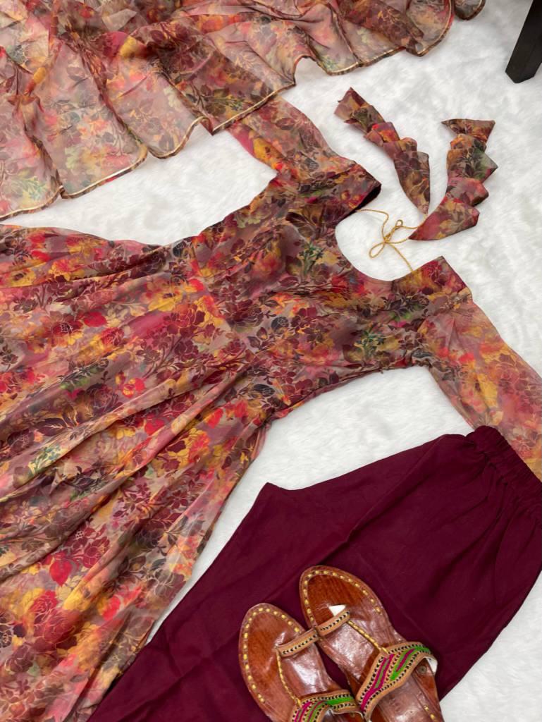 Luminous Brown Floral Digital Printed Organza Silk Anarkali Pant Suit - INDIAN ELEGANCE