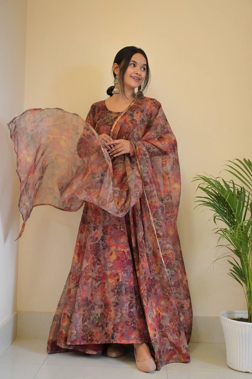 Luminous Brown Floral Digital Printed Organza Silk Anarkali Pant Suit - INDIAN ELEGANCE