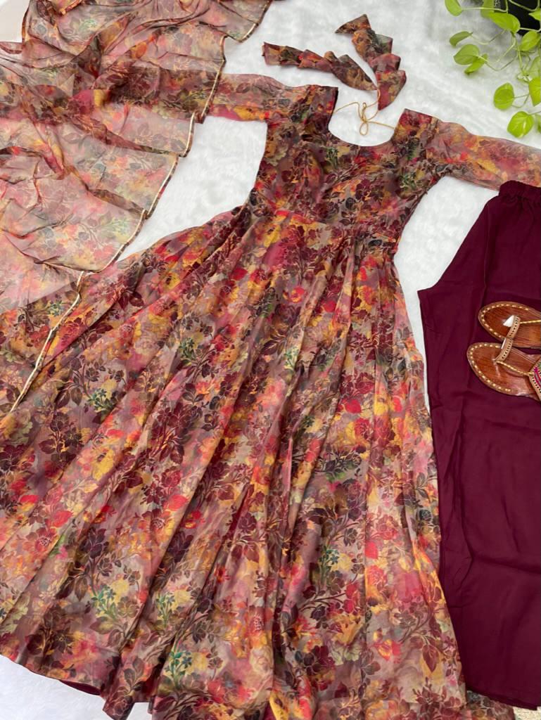 Luminous Brown Floral Digital Printed Organza Silk Anarkali Pant Suit - INDIAN ELEGANCE